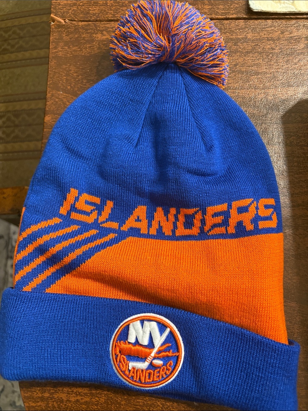 Adult NY Islanders Pom Beanie Hat - Blue & Orange